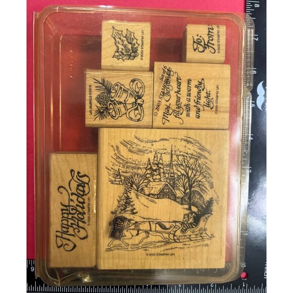 RARE Stampin Up! 2003 Sleigh Ride Wood-Mounted Rubber Stamp Complete Set Holiday - Picture 1 of 3